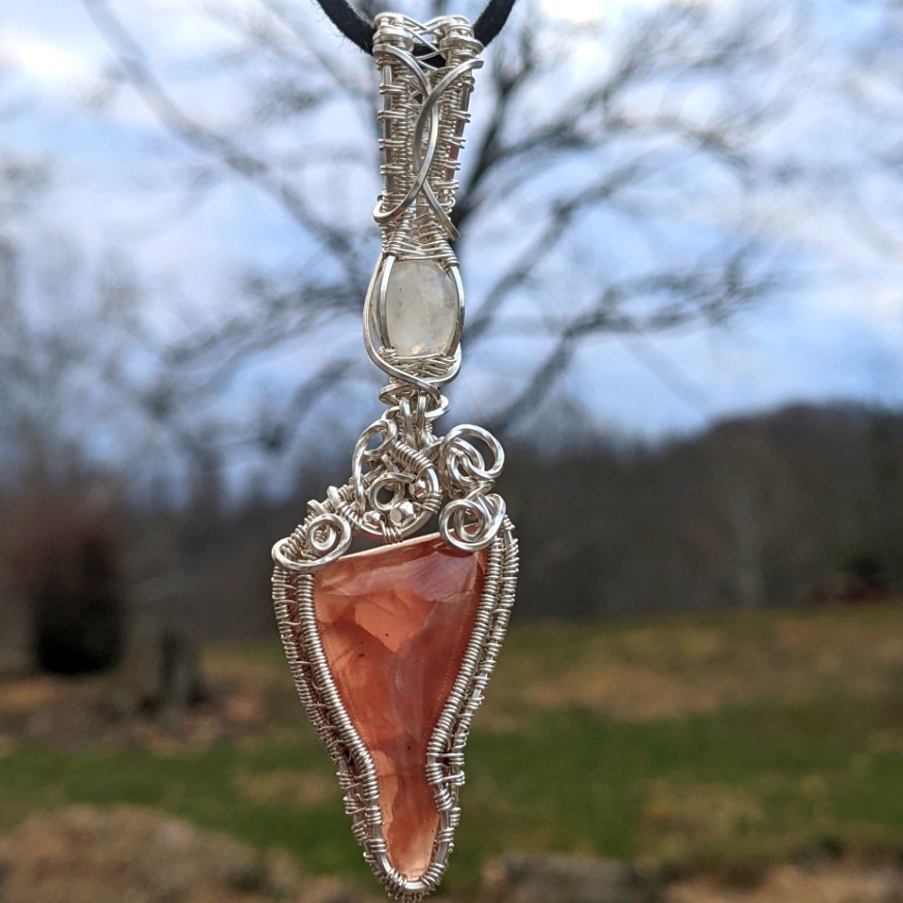 Sterling Silver Moonstone And Strawberry Rhodochrosite Pendant Necklace Handmade - Picture 10 of 17